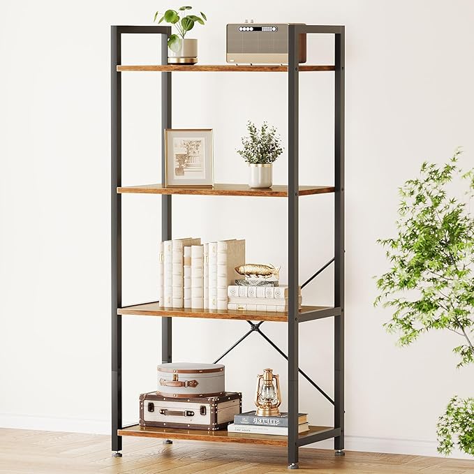 Casaottima Book Shelf, 4 Tier Bookshelf, Modern Wood Bookcase Shelves for Bedroom, Industrial Display Shelf for Living Room Home Office Kitchen, Standing Shelving Unit Storage Organizer, Vintage
