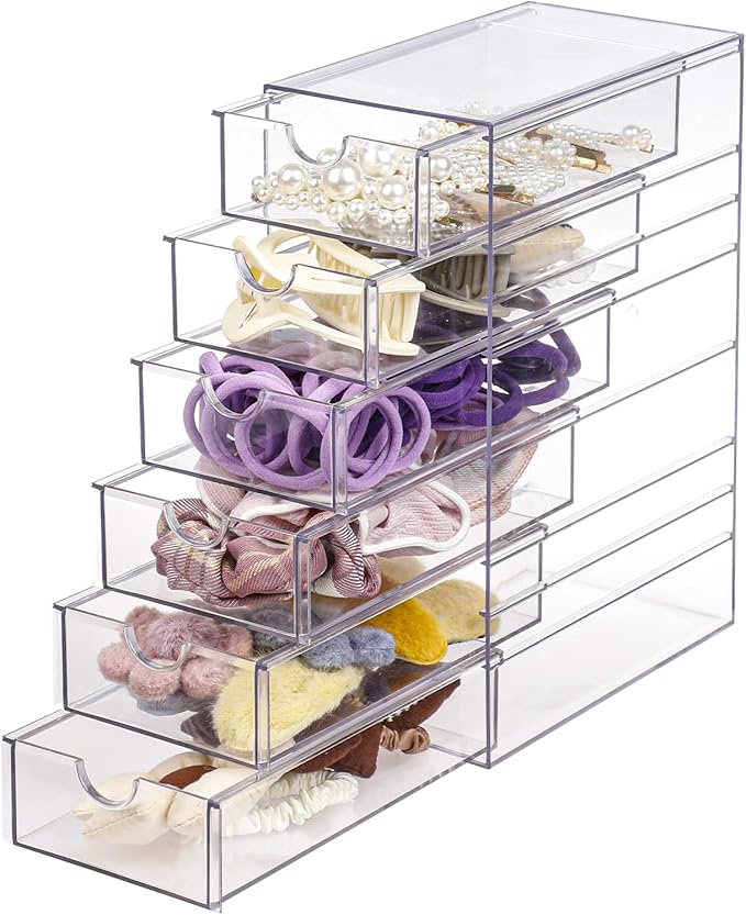 FABROK Clear Hair Accessory Organizer Box with 6 Drawers, Compact Storage Organization Drawers Set for Cosmetics, Glasses, Stationery, Stackable Storage Containers Box for Bathroom, Closet, Office