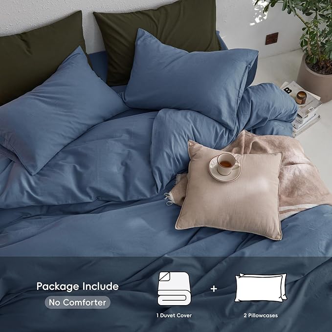 MooMee Super Queen Duvet Cover Set, 100% Washed Cotton Linen Twill Thick Sturdy Material Super Soft Breathable Durable Bedding for All Season, 3 Pieces (Blue, Super Queen 90"x98")