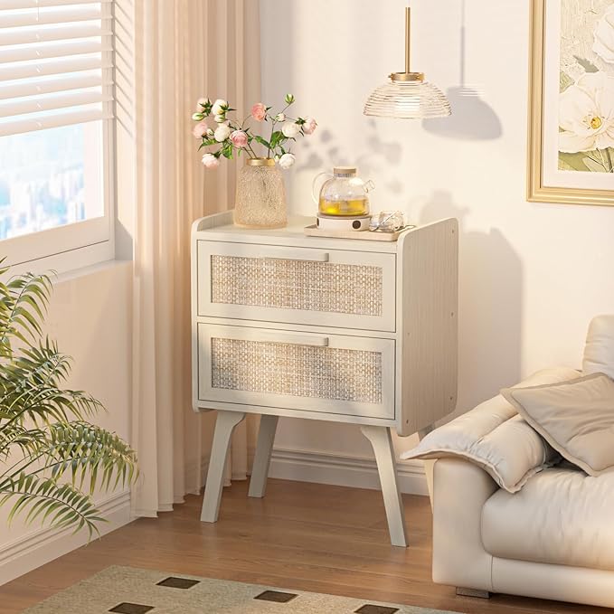 Lerliuo Rattan Nightstands Set of 2, Boho Night Stand with 2 Drawers, Cane Accent Side End Table, Bedside Table with Solid Wood Legs for Bedroom, Dorm and Small Spaces (Grey Oak)