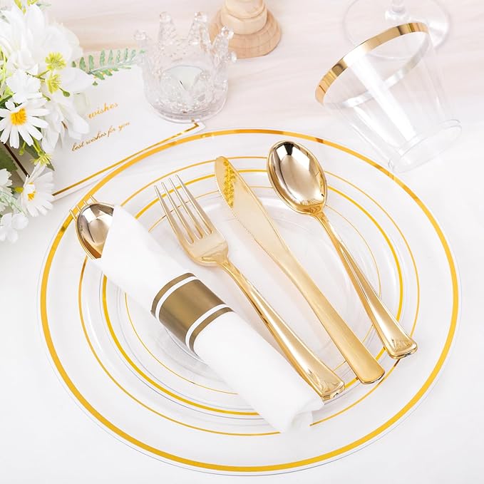 WELLIFE 350PCS Clear-Gold Plastic Plates - 100 Disposable Plates, 150Plastic Silverware, 50 Cups, 50 Napkins for Wedding & Party