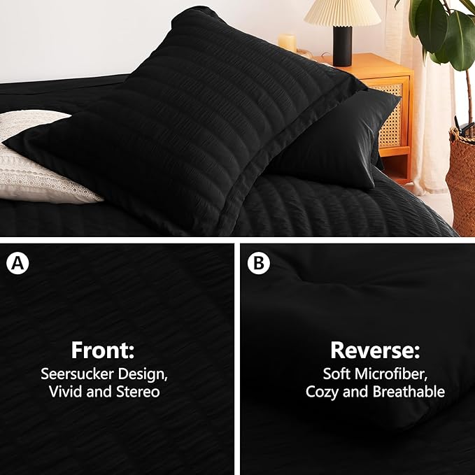 CozyLux Full Size Comforter Sets with Sheets Seersucker 7 Pieces Black Bed in a Bag Textured Luxury Soft Bedding Set with Down Alternative Comforter, Sheets, Pillowcases & Shams for All Seasons