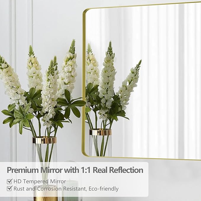 Mirrorons Gold Bathroom Mirror 36 x 30 Inch, Gold Wall Mirror, Bathroom Vanity Mirror with Rounded Corner, Shatterproof (Horizontal/Vertical)