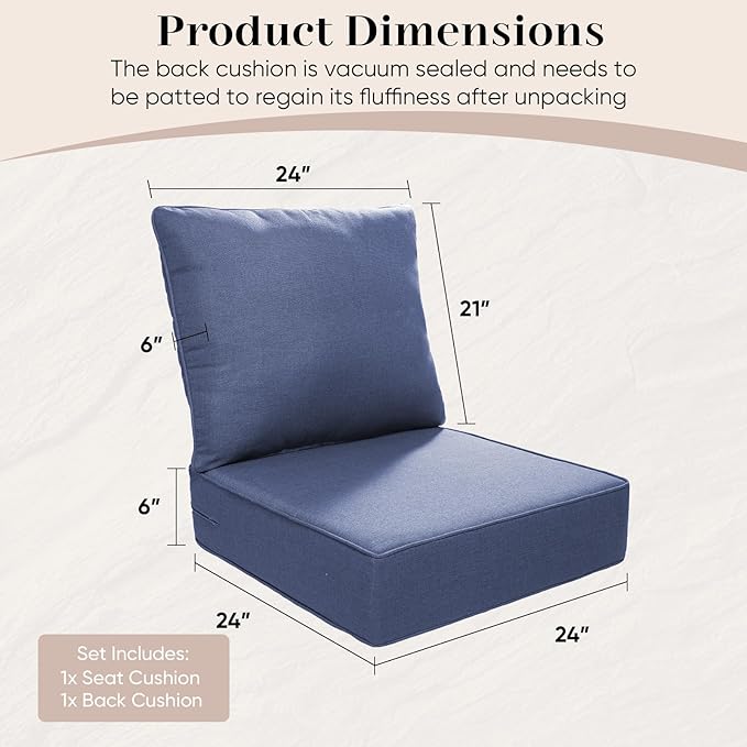 Outdoor Seat Cushion Set-24 x 24 x 6 Inch Outdoor Chair Cushions with Water Resistant & Removable Cover Outdoor Cushions for Patio Furniture Chair Sofa Couch-Blue