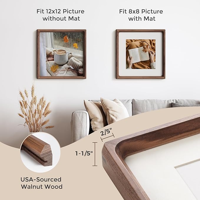 12x12 Picture Frame, USA-Sourced Natural Walnut Wood Photo Frame with Tempered Glass, Handcrafted Rounded Corner 12 x 12 Wooden Frame Matted to 8.5x11 Photos, Horizontal or Vertical Wall Mounting