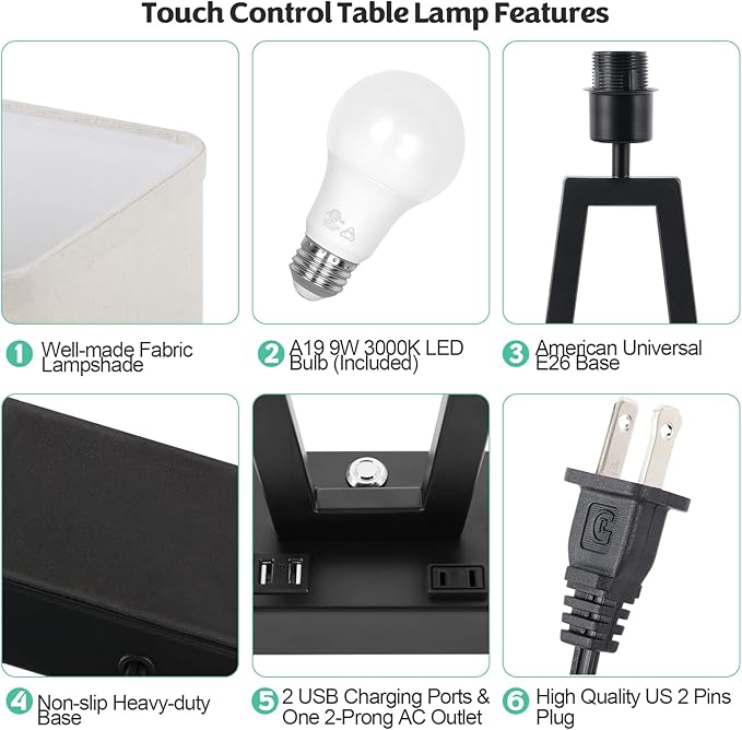 Bedside Lamps with USB Ports and AC Outlet, Touch Control Table Lamp for Bedroom 3-Way Dimmable Nightstand Lamps Set of 2 with for Living Room Dorm Office, LED Bulbs Included