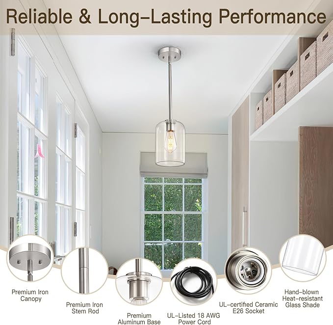 Brushed Nickel Pendant Light Fixtures, 6 Inch Clear Glass Shade Modern Farmhouse Pendant Lights Kitchen Island, Industrial Hanging Light Fixture Adjustable Stem Rod for Over Sink