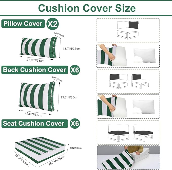 Outdoor Furniture Replacement Cushions, 14 Pcs Water-Resistant Replacement Sofa Cushion for Patio Garden Porch (Liner&Cover,Only Cushions No Sofa) (Green and White Stripes)