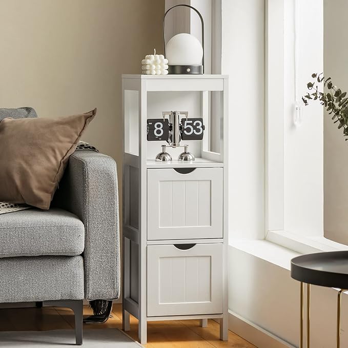 Tangkula Small Bathroom Storage Cabinet with 2 Removable Drawers, Wood Freestanding Floor Cabinet for Bathroom, Anti-Tipping Device, Side Corner Cabinet for Small Spaces (White)