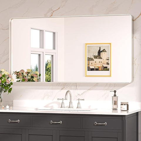 Keonjinn Brushed Nickel Mirror 48” x 24” Silver Bathroom Mirror for Over Sink, Rounded Rectangle Farmhouse Vanity Mirror, HD Tempered Glass, Metal Framed Full Length Wall Mirror(Horizontal/Vertical)