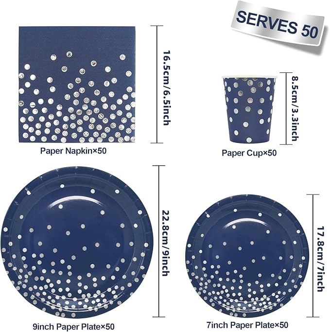 200 Navy Blue Plates and Napkins Party Supplies - Serve 50 Guests, Blue and Silver Birthday Plates Disposable for Wedding Anniversary Retirement Graduation Decorations