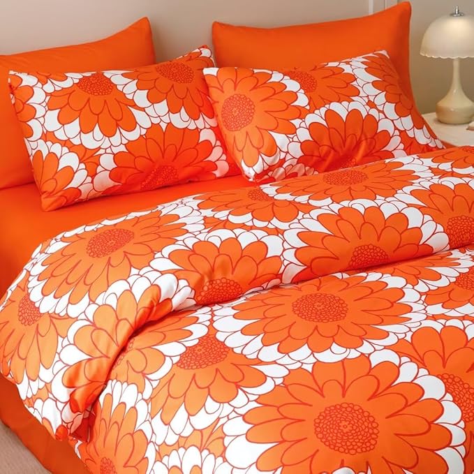 CLOTHKNOW Sunflower Comforter Set Full Orange Whtie Bedding Comforter Sets Rust Flower Comforter Botanical Comforter Sets Women Girls Boho Lightweight