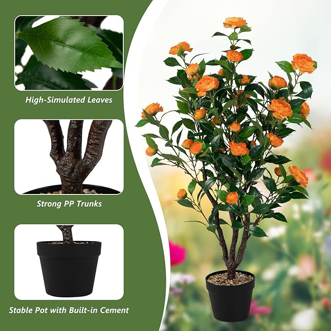 Goplus 40” Artificial Camellia Tree, 2 Pack Flower Plants Artificial Tree, Faux Floral Plant Blooming Tree in Cement Pot, Greenery Potted Plant for Indoor Outdoor Office Home Porch Decor