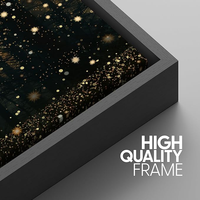 SIGNWIN Framed Wall Art Print Set Enchanted Forest with Fireflies Magical Night Woodland Photography Modern Art Closeup Relax/Calm Dark for Living Room, Bedroom, Office - 16"x24"x3 Black
