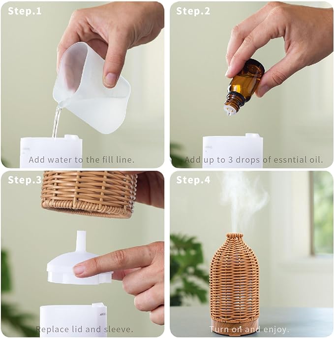 Essential Oil Diffuser - Multifunction Aromatherapy Diffuser 7 LED Color Changing Light 100ML Rattan Diffuser Easy to Clean Suitable for Home,Office (Tan)