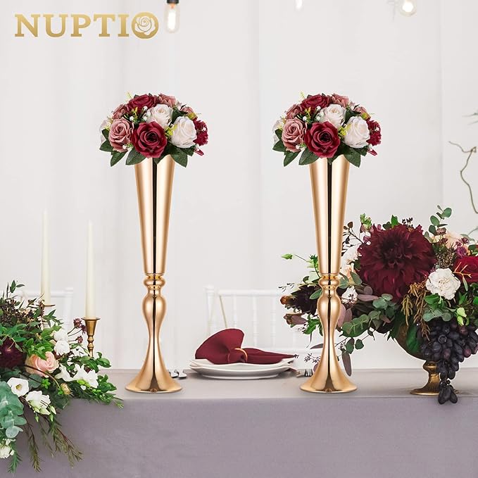 Nuptio Artificial Flower Centrepieces for Tables - 6 Pcs Burgundy & Dusty Rose & Creamy White Fake Flowers Roses Balls 9.5in Diam - Silk Faux Rose Arrangement for Wedding Party Centerpiece Table Decor