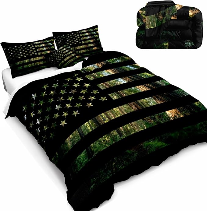 American Flag Comforter Set Queen Size Green Black Bedding Set Stars Stripes Geometric Pattern Green Camouflage Camo Farmhouse Western Bed Comforter Set for Boys Teens