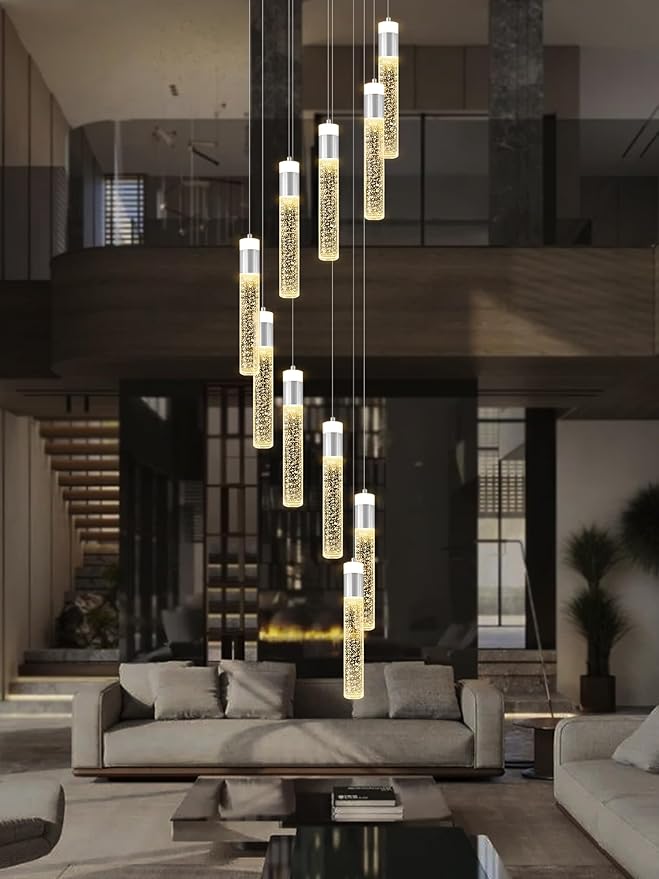 Crystal Bubble Column Chandeliers 110in Long Spiral Crystal Chandelier for High Ceiling Modern LED Foyer Ceiling Chandelier Dimmable 3000-6000K 10-Lights Silver