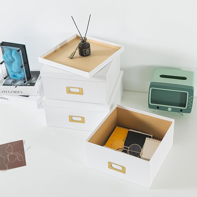 Soul & Lane White Kraft Paper Boxes for Storage - Set of 3 Square Stacking Boxes with Lids and Gold Label Holders, Decorative Photo Storage, Nesting Cardboard Containers for Decor and Organizing