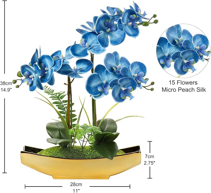 Briful Orchids Artificial Flowers 15" Blue Phalaenopsis Faux Orchid with Gold Pots Fake Orchid Fake Plant for Home Office Bedroom Christmas Table Wedding Party Decor