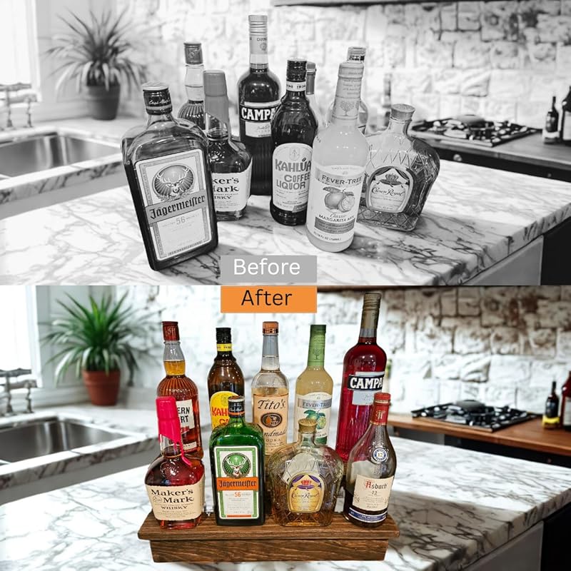 Handmade Liquor Bottle Display Shelf, Bar Display, Kitchen Counter Shelf, Crafted in USA with Premium Quality Wood, Rustic Espresso Finish (2 Tier, 20 inches)