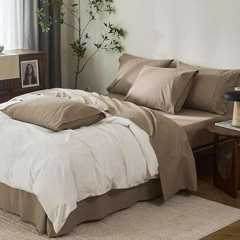 100% Cotton 6-Piece Queen Size 102" x 90" Bedding Set - Fitted Sheet, Flat Sheet & 4 Pillowcases with 17" Deep Pocket,Soft Breathable Bed Sheets for Cozy Sleep,Mocha Brown