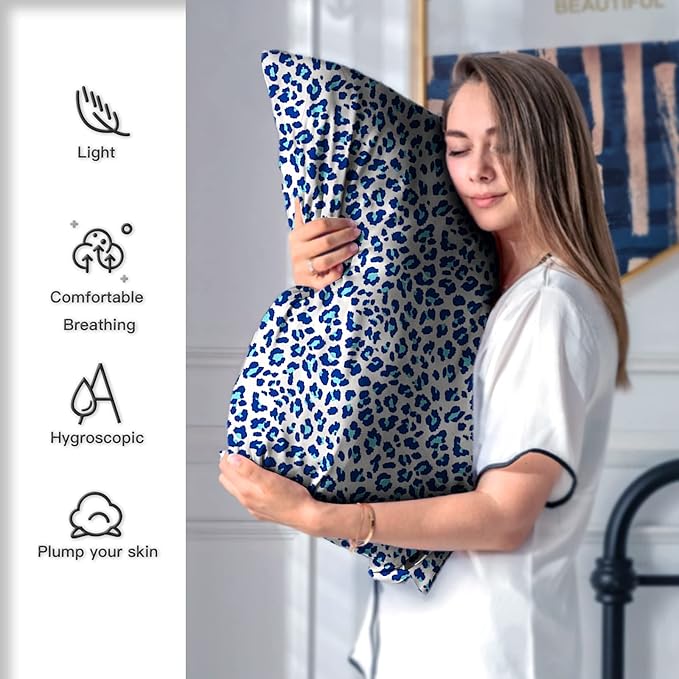 Mulberry Silk Pillowcase for Hair and Skin Standard Size Leopard Print Silk Pillow Cases with Zipper Soft Breathable Smooth Cooling Silk Pillow Covers for Sleeping (Blue Leopard,20"X 26",1Pcs)