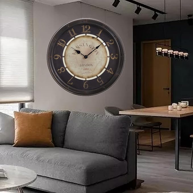 16 Inch Vintage Wall Clock, Silent Non-Ticking Quartz Battery Operated Decorative Clock for Home, Kitchen, Living Room, Dining Room, Office, Gold Brown Arabic Number