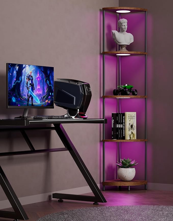 Corner Shelf with RGBCW LED Light, 64.5” Tall Floor Lamp Narrow Bookshelf Organizer, Standing Shelves with Metal Pole, Display Storage Rack for Wall Corner, Living Room, Bedroom, Office Décor, Brown
