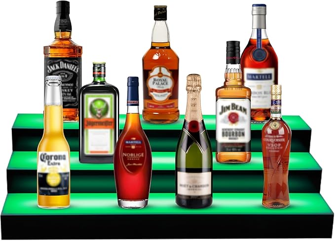 GCCSJ LED Lighted Liquor Bottle Display, RF Remote LED Liquor Shelves with 16 Static Colors,Home Bar Liquor Bottle Accessories Acrylic Shelf, 3 Tiers 16 Inch