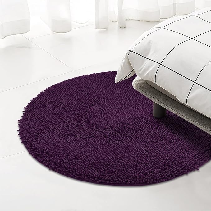MAYSHINE Round Area Rug Set for Bathroom | Soft Plush Chenille Bath Mat, Water Absorbent Non-Slip Bathroom Rug | Washable Shag Carpet for Shower, Bedroom, or Home Décor | 36"x36" (Round) | Plum
