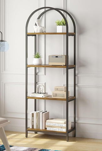 Bookshelf Arched Bookcase, Industrial Curved Metal Book Shelves, 72" Tall Freestanding Open Storage Shelf Display Rack for Living Room Home Office, Rustic Brown, 4-Tier