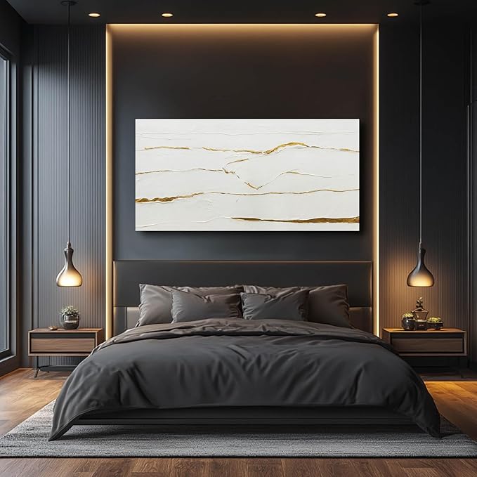 WINKAILIN Modern Artwork White Painting Abstract Wall Art for Dining Room Gold Foil Picture Big Painting for Living Room 29"x 58" Entryway Wall Decor