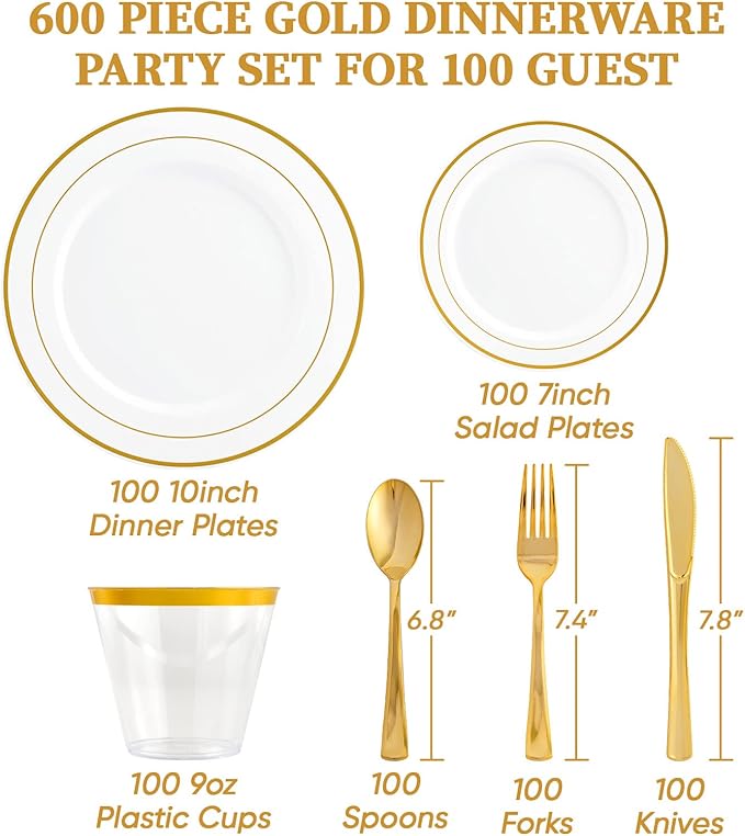 FOCUSLINE 600 Ct Gold Dinnerware Set for 100 Guests - Gold Rimmed White Disposable Plastic Plates, Includes 100 Dinner & Salad Plates, Cups, Cutlery Set for Wedding Parties