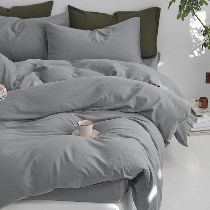 MooMee King Duvet Cover Set, 100% Washed Cotton Linen Like Twill Thick Sturdy Material Super Soft Breathable Durable Bedding for All Season, 3 Pieces (Polar Grey, King 104"x90")