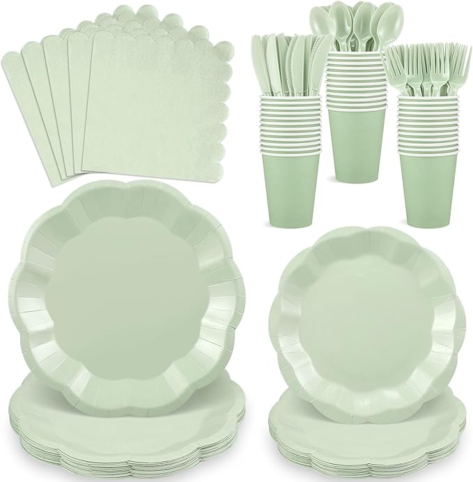 175 Pcs Sage Green Party Plates Cups and Napkins Set, 25 Guest Sage Green Party Supplies Include Scalloped Plate Napkin Cup Forks Knives Disposable Plastic Cutlery for Wedding Baby Shower Birthday
