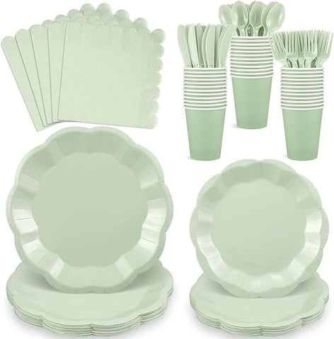 175 Pcs Sage Green Party Plates Cups and Napkins Set, 25 Guest Sage Green Party Supplies Include Scalloped Plate Napkin Cup Forks Knives Disposable Plastic Cutlery for Wedding Baby Shower Birthday