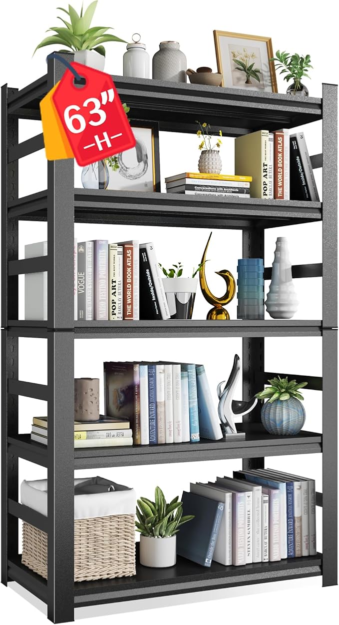 5 Tier Book Shelf, Metal Adjustable Bookcase, Modern Tall Bookshelf for CDs Movies Books, Industrial Book shelves Storage Shelving for Bedroom Home Office Kitchen Living Room, 15.7"D x 31.5"W x 63"H