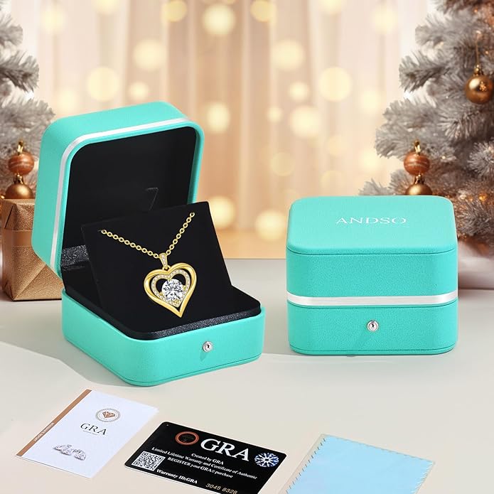 Moissanite Heart Pendant Necklaces for Women, 925 Sterling Silver Gold Plating Lab-Created Gem Necklace Engraved with 'I LOVE YOU', Ideal Anniversary Birthday Christmas Valentine Engagements Mothers Day Jewelry Gifts for Mom Wife Girlfriend Daughter Her