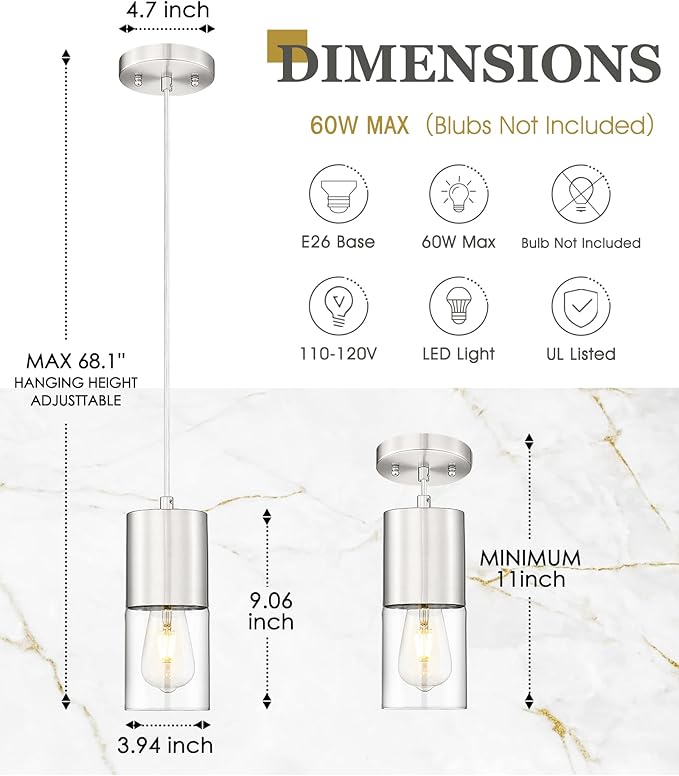 2-Pack Pendant Lights Kitchen Island, Brushed Nickel Hanging Lights Fixtures with Cylinder Clear Glass, Industrial Kitchen Pendant Lighting Over Island for Dining Room, AD-24023-1P2-SN