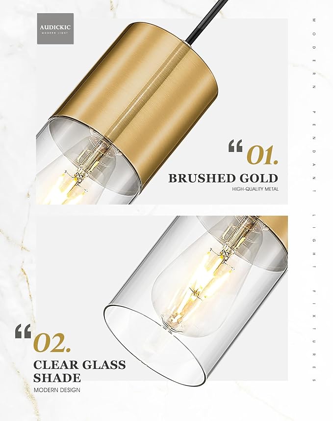 2-Pack Pendant Lights Kitchen Island, Brushed Gold Shade Hanging Lights Fixtures with Cylinder Clear Glass, Brass Kitchen Pendant Lighting Over Island for Dining Room, AD-24023-1P2-GD