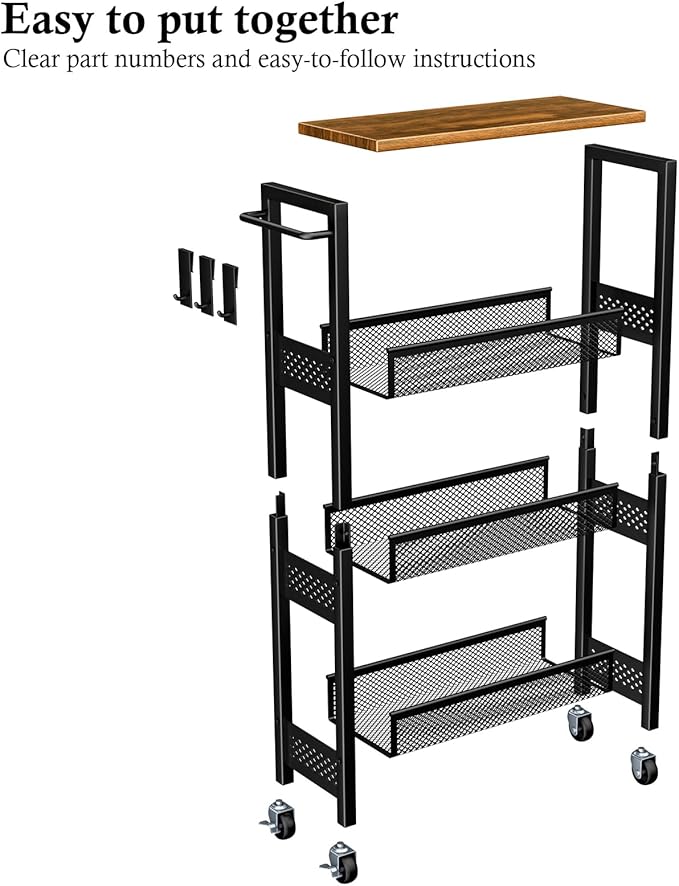 Utility Slim Storage Cart, 4 Tier Small Rolling Kitchen Laundry Room Cart with Wood Top, Metal Narrow Bathroom Storage Cabinet Mobile Shelf Unit Organizer Trolley with Handle for Narrow Space