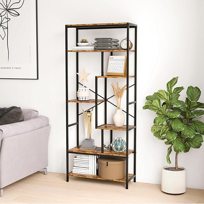 Book Shelf, 5 Tier Bookcase, Tall Bookshelf Modern Book Case for Books, Ornament, Free Standing Storage Organizer for Bedroom Home Office Kitchen Living Room (Rust Brown, 6-Tier)