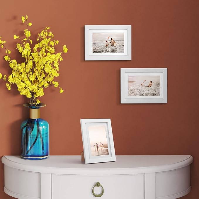 Giftgarden 4x6 Picture Frame Set of 4 White Wood Grain Frames for 4x6 Photos with Mat or 5x7 Without Mat, Wall or Tabletop Display