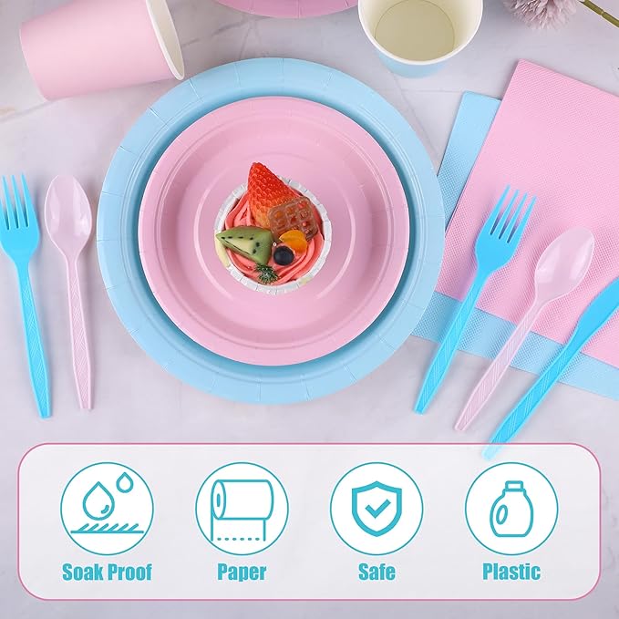 durony 216 Pieces Baby Gender Reveal Party Tableware Set Serves 24 Guests Pink Blue Paper Plates Boy or Girl Gender Reveal Plates Napkins Paper Cup Cutlery for 1st Birthday and Baby Shower Decorations