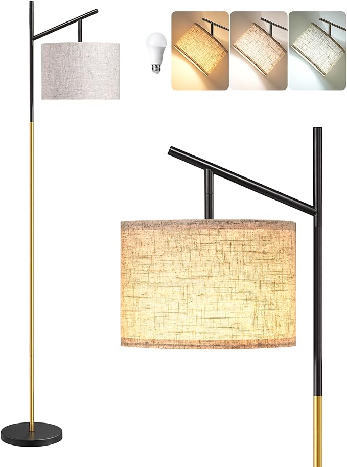 EDISHINE Modern Floor Lamps for Living Room, 64.7" Minimalist Standing Lamp with 3 Color Temperatures Bulb & Adjustable Linen Shade, Foot Pedal Switch, Arc Tall Lamp for Bedroom Office, Black Gold
