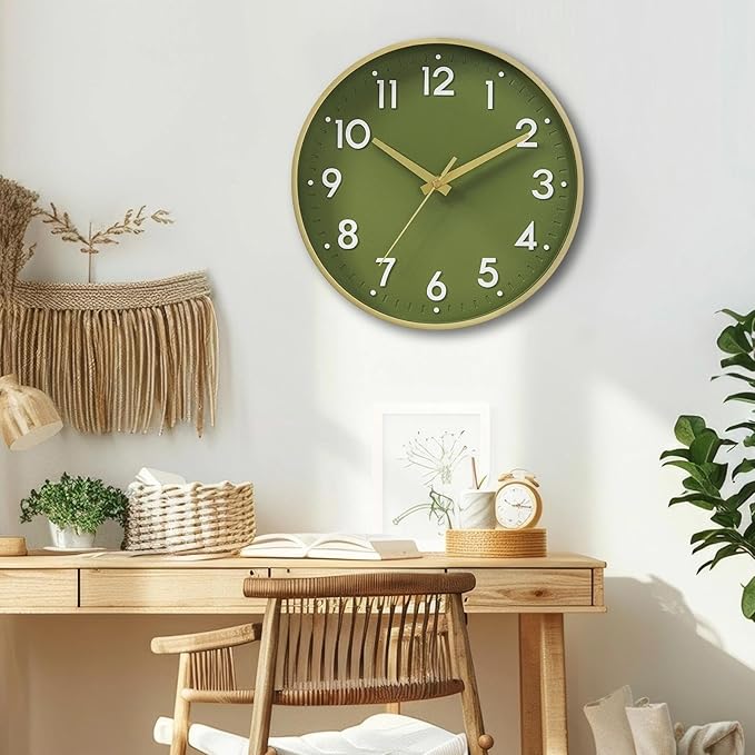 Mosewa Wall Clock 14 Inch, Battery Operated Non-Ticking Analog Clock Decorative for Kitchen, Bedroom, Office, Home(Gold)