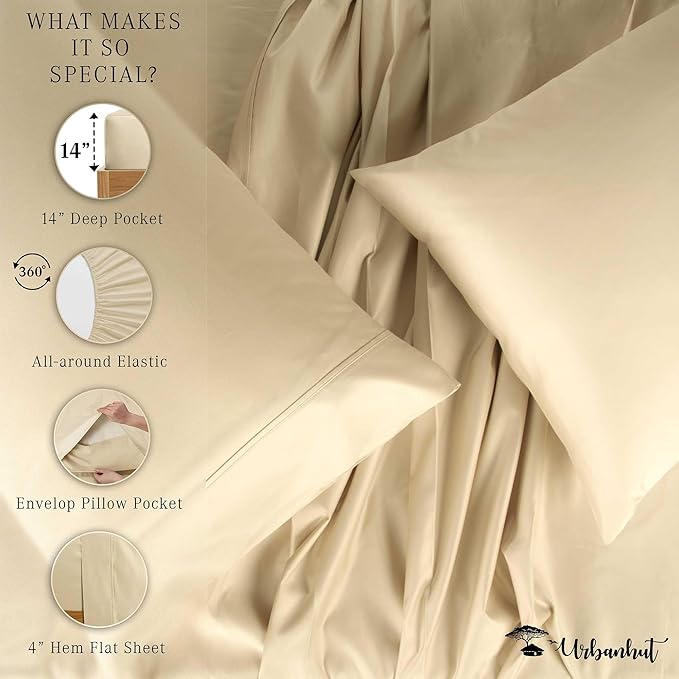 URBANHUT 700 Thread Count Egyptian Cotton Sheets Twin Size, 4Pc Sheet Set Soft Luxury Bed Sheets for Twin Size Bed, Sateen Weave Hotel Sheets, 14'' Elasticized Deep Pocket - Sand