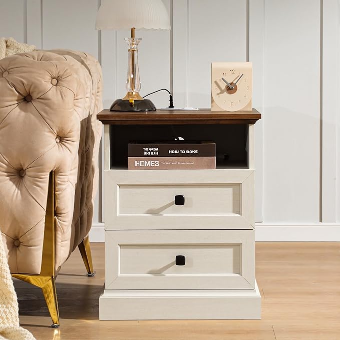 Night Stand with Charging Station, Bedside Table with 2 Drawers Storage and Open Shelf, White Nightstand with Outlets, Wood Modern End Table for Bedroom Office