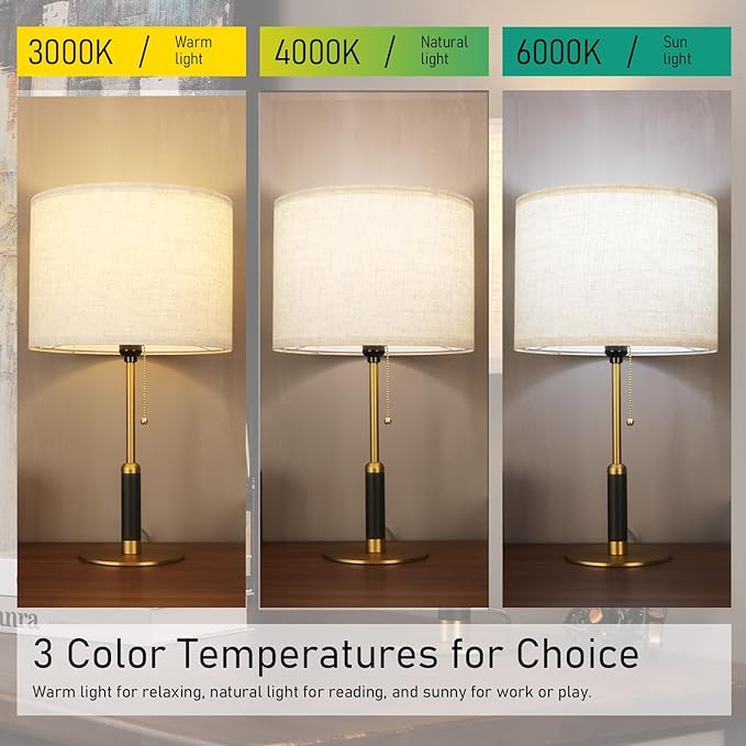 21" Modern Table Lamp Bedside Lamps for Bedroom Living Room Nightstand Lamp for End Tables 3-Color Temperatures Pull Chain Switch Wood Fabric for Home Office Desk Decor (Light Brown+Brass)